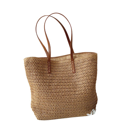 Sac Panier Tressé en Osier avec Poignées Cuir pour Femme - Marcherelle