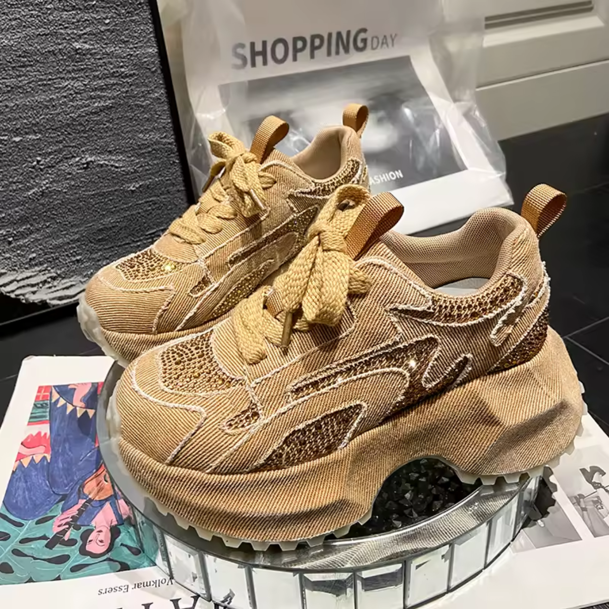 Damen Chunky Sneaker mit glamourösen Pailletten