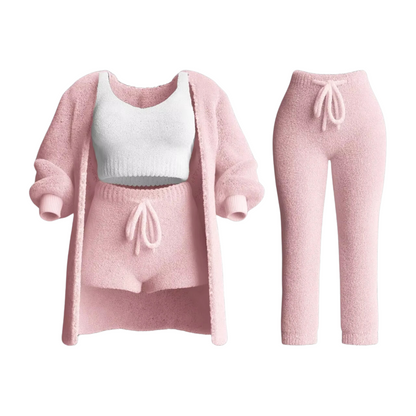 Komplettes Damen-Sportoutfit: Pullover, Sport-BH, Hose und Cardigan